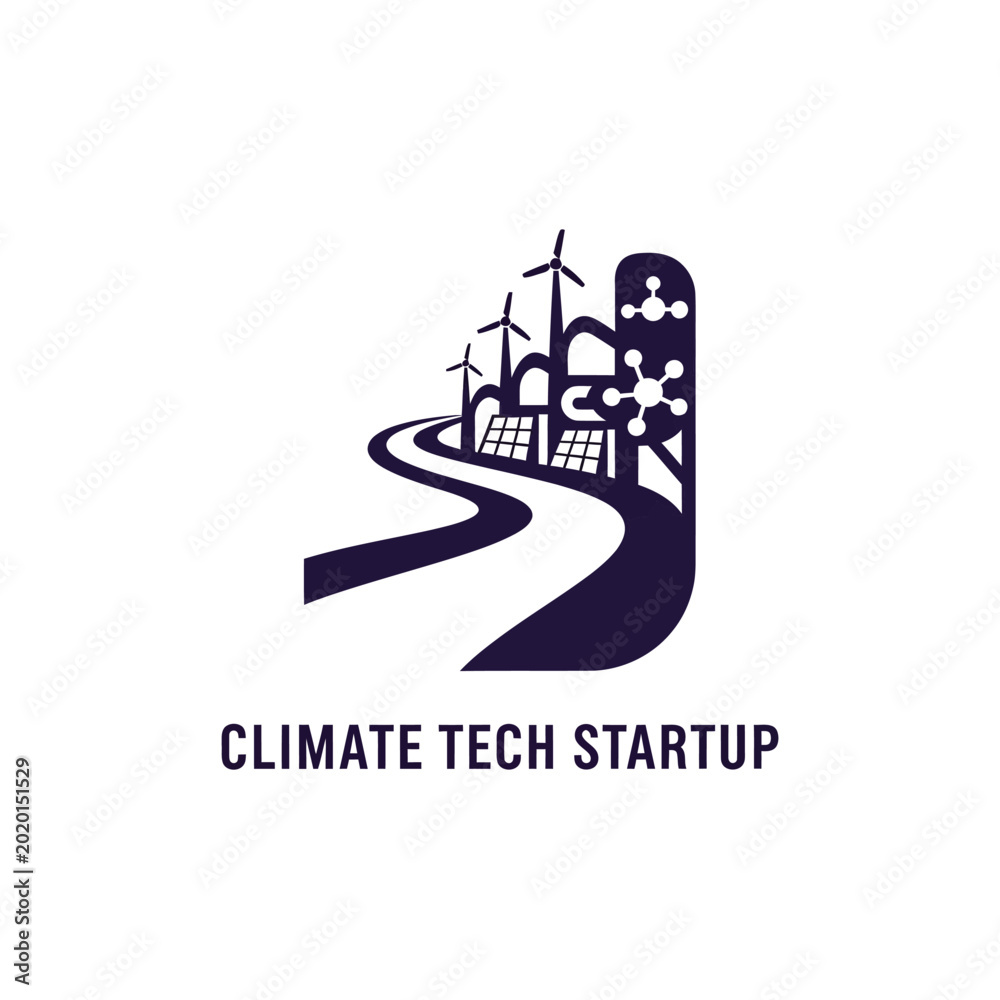 Fototapeta premium Climate tech startup logo with wind turbines and solar panels on highway.