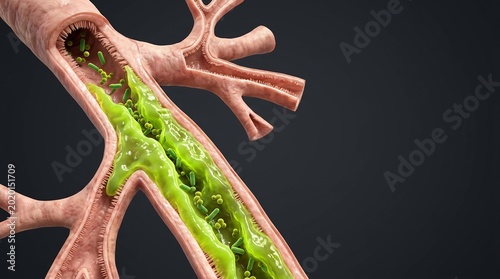 3D medical visualization of bacterial infection in human respiratory airway with green mucus and pathogens