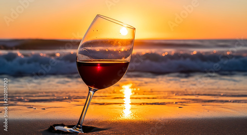 Wine glass on beach at sunset with ocean waves in background  relaxing scene transparent background