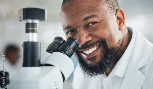 Tableau sur toile Portrait, microscope or black man in lab for science, pathology research or confident for cure study