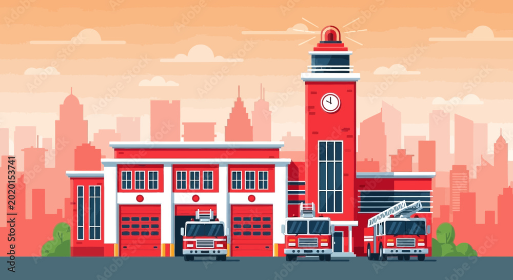 Fototapeta premium Fire Station Building With Fire Trucks 2.