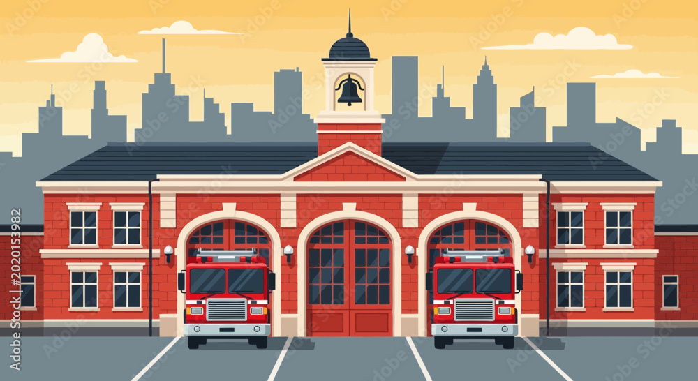 Fototapeta premium Fire Trucks Parked at Station House 1.