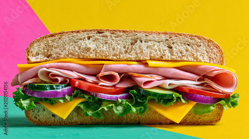 A delicious sandwich with ham, cheese, lettuce, and vegetables on a colorful background