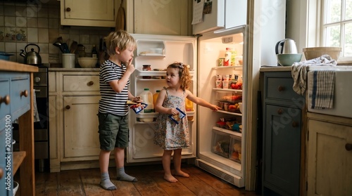 Children taking some snacks from the refrigerator secretly - siblings who take snacks from the refrigerator secretly so as not to be caught with the shh gesture. Funny family lifestyle moment at home.