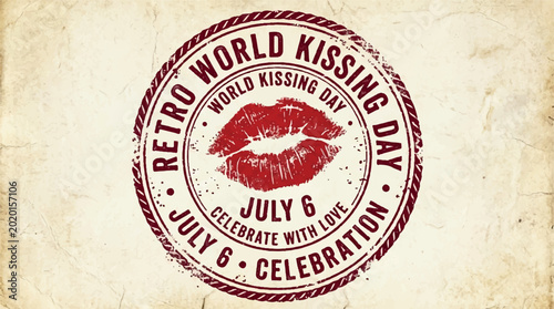 Retro World Kissing Day, July 6, Celebration Stamp, Red Lips, Vintage Style Icon