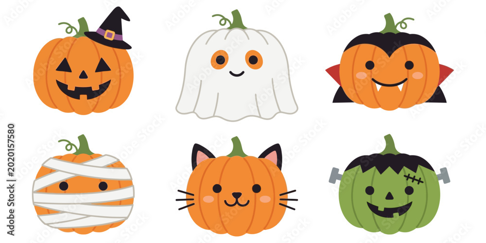 Naklejka premium Halloween pumpkin jack-o-lantern faces with ghost and cat illustrations
