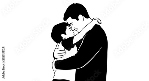 Photography Father's Day, Black and white vector illustration of a man hugging a boy, affect