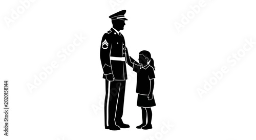 Cuadro en lienzo Father's Day, Police officer, man, helping little girl, black silhouette, vector