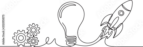 Continuous one line drawing of gears, lights idea and rocket launch, ship. one line icon drawing vector