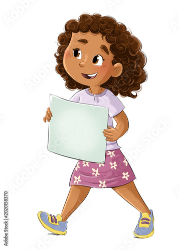 Little African American girl with sign, isolated drawing