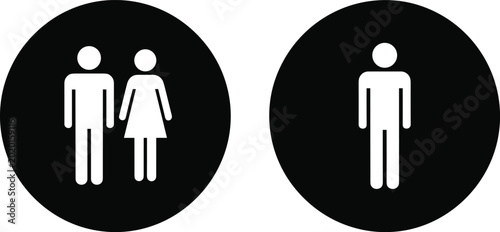 Photos Restroom signage icons with male, female, and unisex symbols in circular design