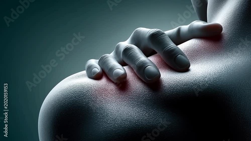 A close-up of a hand grasping a shoulder while experiencing physical pain or strain.