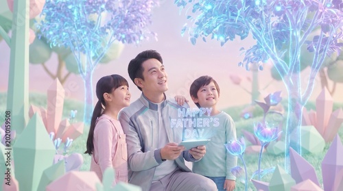 A father and his children enjoying a magical augmented reality experience on Father's Day, celebrating family and technology