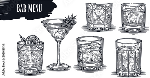 Fotografie Hand drawn cocktail collection with ice and garnishes for a bar menu design
