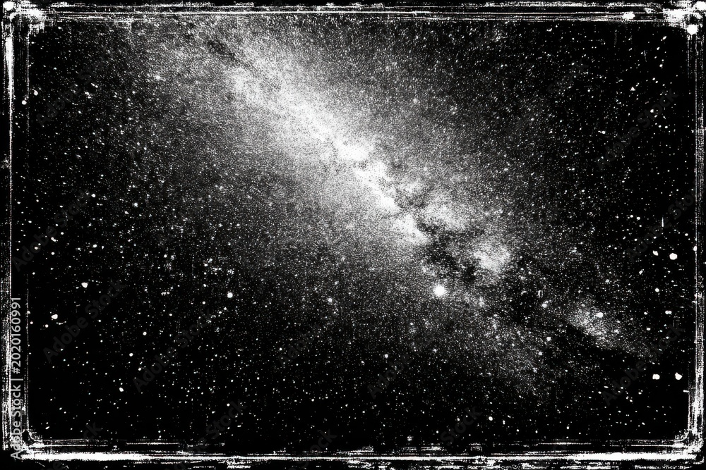Fototapeta premium Starry night sky with Milky Way band on black background and distressed frame texture border