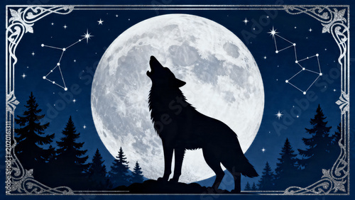 Wolf howling at full moon over forest in night sky with stars