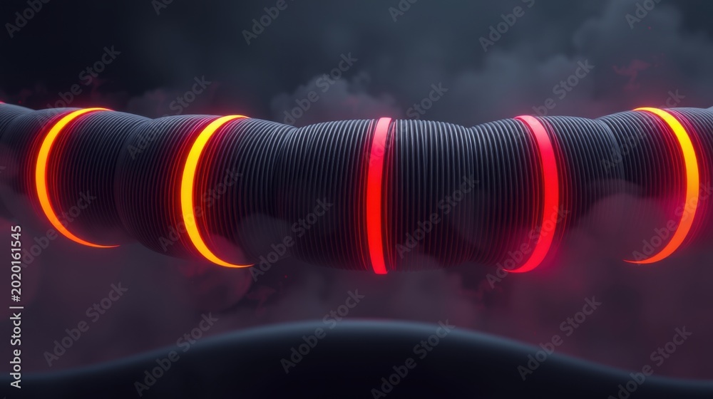 Fototapeta premium Futuristic tunnel with glowing orange, red lights. Dark background suggests depth, mystery. Smooth surface contrasts textured interior.