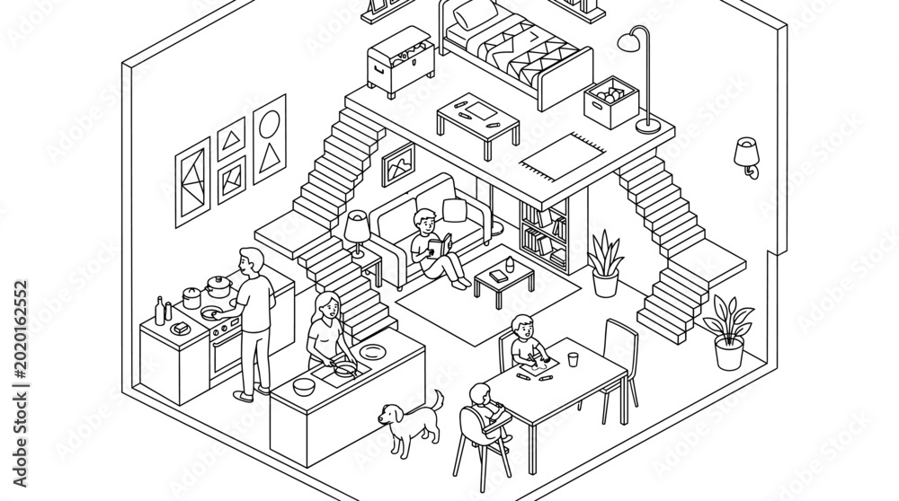 Obraz premium Isometric loft apartment interior with family daily activities