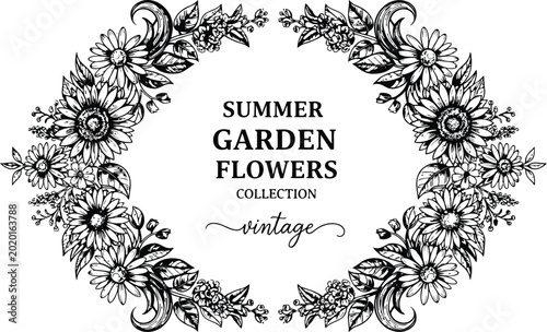 Foto Hand-drawn floral wreath with vintage text for a summer garden collection in a g