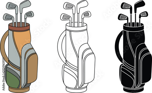 Golf bag filled with club silhouette & Outline and illustration set isolated on transparent background
