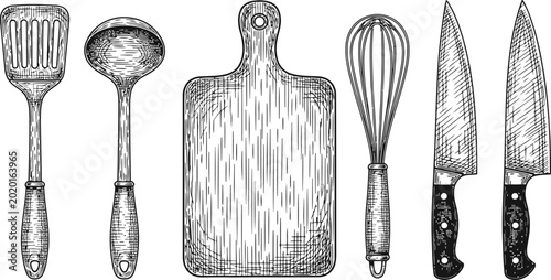 Foto Hand-drawn kitchen utensils arranged in a line with a wooden cutting board and w