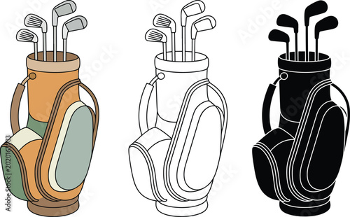 Golf bag filled with club silhouette & Outline and illustration set isolated on transparent background