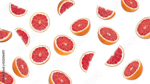 Fotografie Fresh, vibrant grapefruit slices and halves floating dynamically on a transparent backdrop, full of zesty goodness