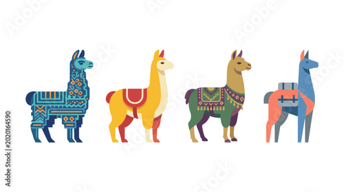 Konstfotografi This image features a collection of llamas adorned with intricate patterns and vibrant colors, showcasing cultural art and diversity in an eye-catching style