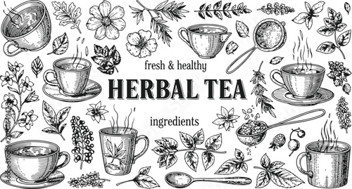 Cuadro en lienzo Herbal tea ingredients and cups in a hand-drawn botanical illustration style