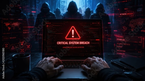Dramatic Scene of Cybersecurity Threat with Warning on Laptop in Dark Environment