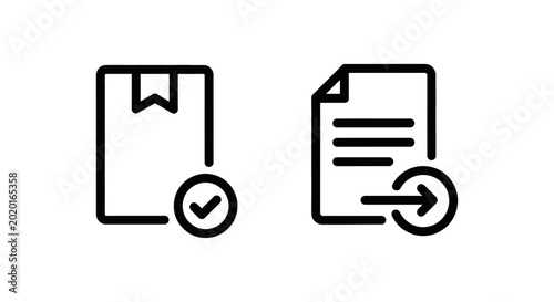 Package with check mark icon and document with forward arrow icon delivery shipment resolution verified approved document progress workflow logistics fulfillment transaction confirmation