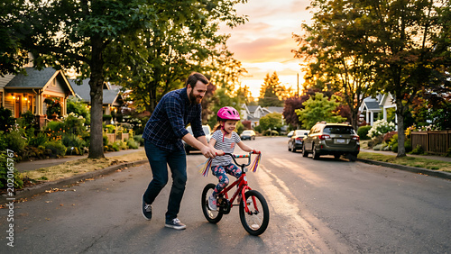 A father helping his daughter ride a bicycle in a quiet neighborhood street during sunset.