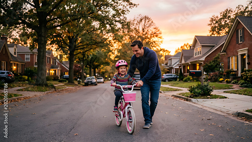A father helping his daughter ride a bicycle in a quiet neighborhood street during sunset.