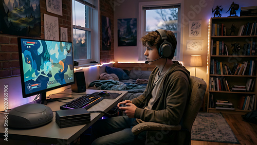 A teenager playing video games with headphones in a cozy bedroom gaming setup.
