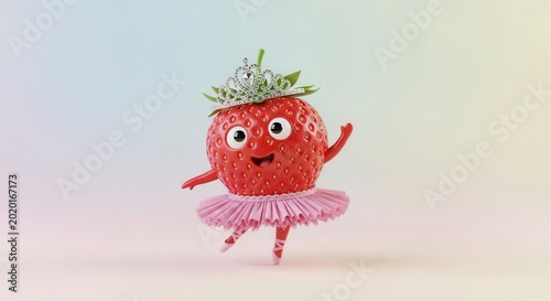 Cute Strawberry Ballerina Character with Tiara and Pink Tutu Dancing on Pastel Background