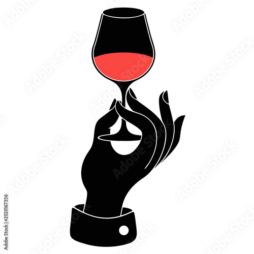 Exquisite Red Wine: An artistic depiction of a poised hand delicately holding a crystal wine glass filled with rich red wine, conveying elegance and sophistication.