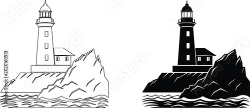 Foto Tall lighthouse standing on rocky cliff near wavy ocean water in line art style vector