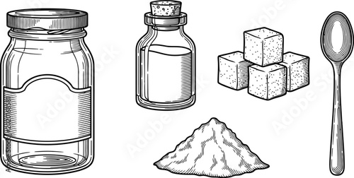Obraz na plátne Jar of ingredients with sugar cubes powder and spoon during preparation