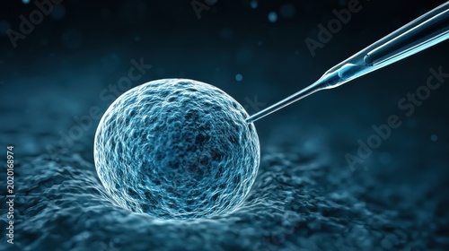 Needle moves toward the surface of an egg cell in a laboratory. This scene depicts the ICSI process with high scientific precision in detail.