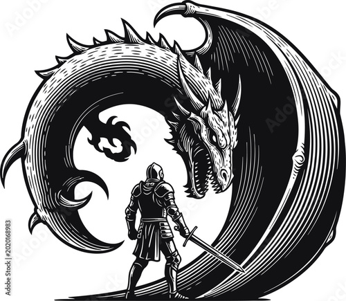Photos Knight confronting a massive dragon in a dramatic black and white woodcut style