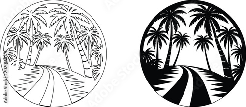 Circular composition with tropical palm trees along a winding road in vector format style.