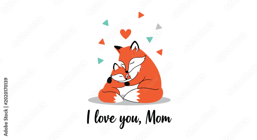 Fototapeta premium Heartwarming illustration of a mother fox cuddling her small cub with a red heart and colorful triangles floating above them on a white background.