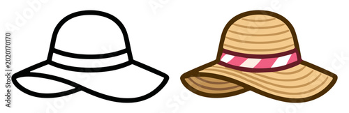 Fotografía Sun hat vector icon set with outline and straw summer fashion styles on transpar