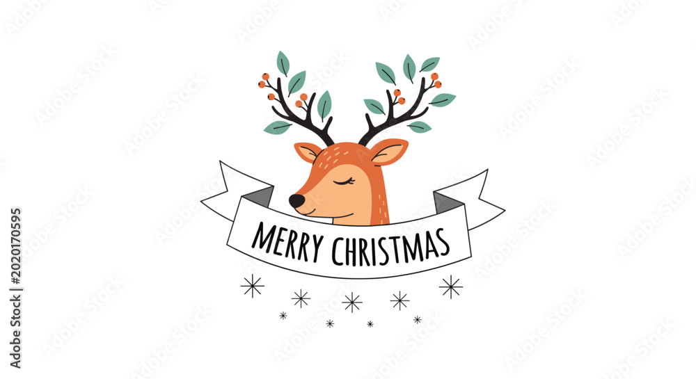 Fototapeta premium Adorable reindeer character illustration featuring branches for antlers and a festive Merry Christmas banner on a white background.