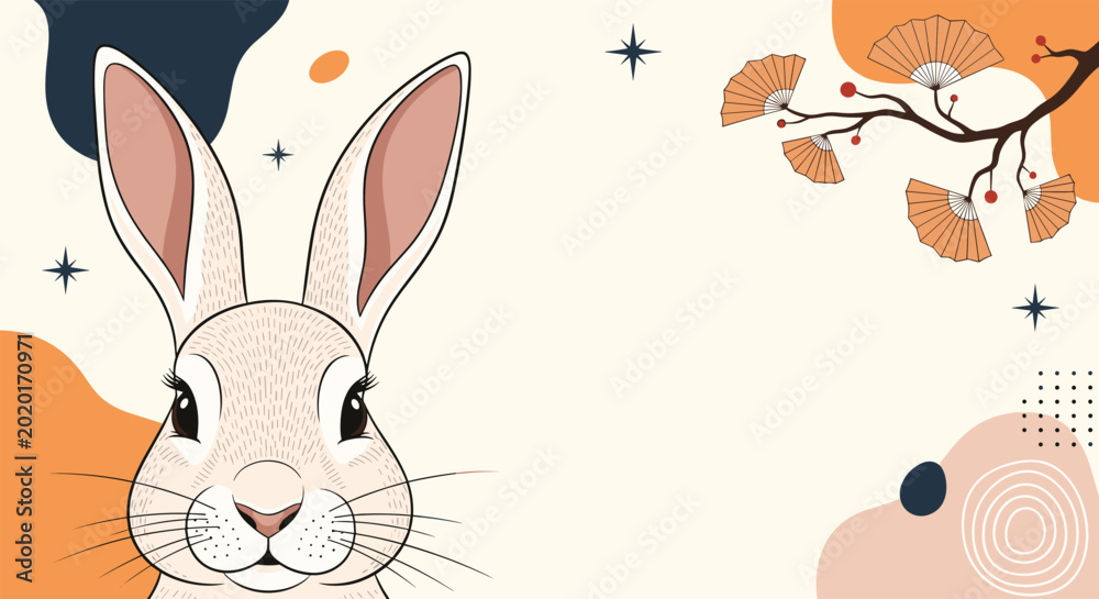 Obraz premium Modern artistic illustration of a cute bunny face combined with Japanese fans, stars, and abstract shapes in a warm color palette.