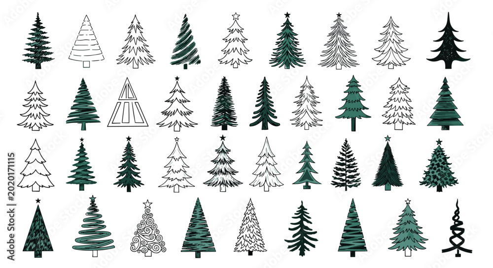 Obraz premium Large collection of forty unique Christmas tree icons in various artistic styles from minimalist to detailed hand drawn sketches.