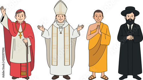 Schilderij op canvas Religious Leaders Character Set with Cardinal Pope Buddhist Monk and Jewish Rabb