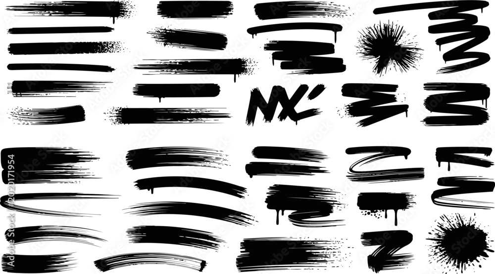 Obraz premium Black spray paint brush strokes set, urban graffiti drip textures and splatter vector, grunge ink smear collection for street art design
