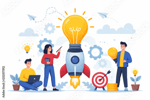 Creative team brainstorming with rocket and light bulb concept