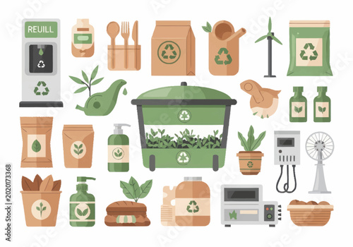 Collection of Eco Friendly Products and Recycling Symbols.